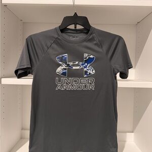 Under Armour Youth Large Dri Fit Dark Gray Tee with Blue Logo